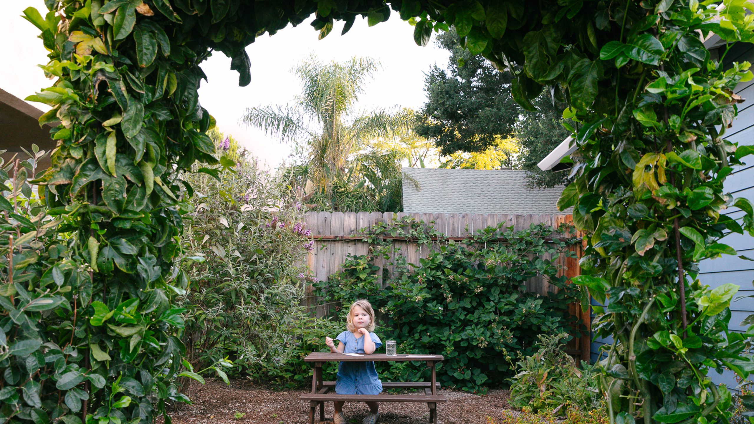 Kids' garden accessed through a passionfruit archway, with a butterfly garden and cane berries along the cedar fence in the back